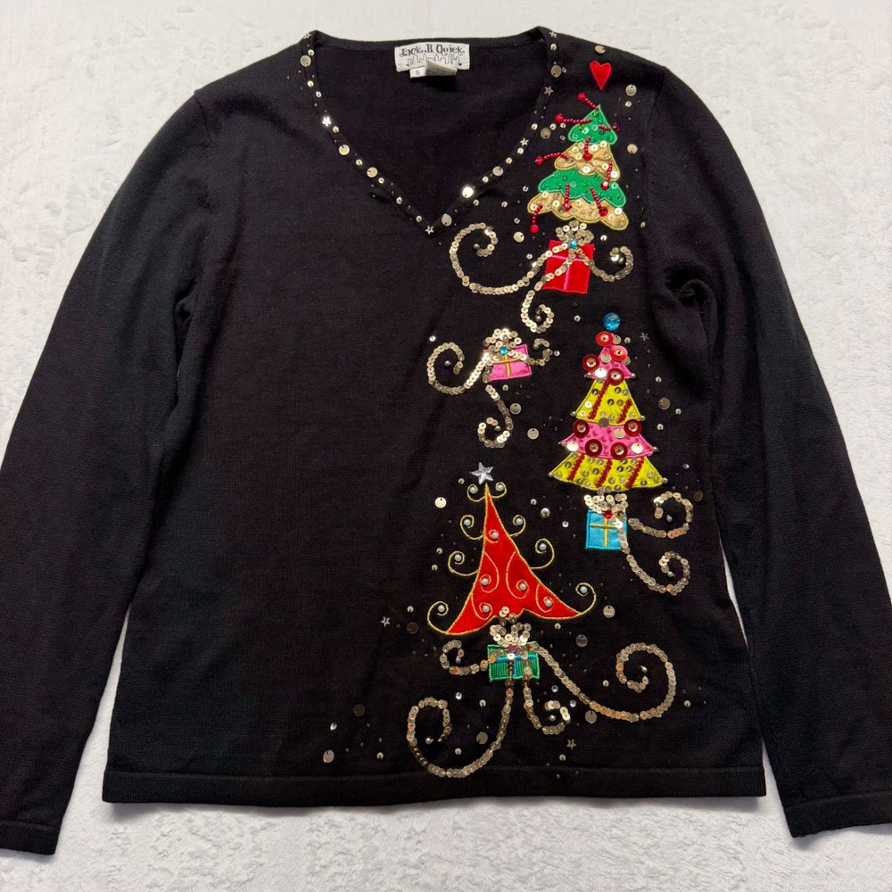 Jack B Quick Vintage Christmas Sweater S Black Sequin Beaded Trees Holiday 90s